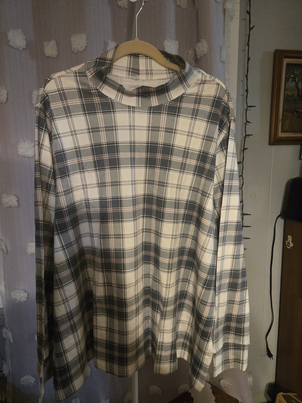 Lands’ End Plaid Mock Neck Long Sleeve Top Gray Pink NWOT